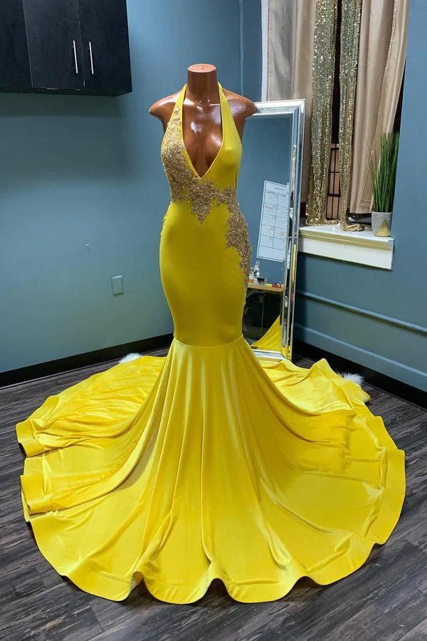 Chic Long Mermaid Halter Sleeveless Backless Formal Prom Dresses-showprettydress