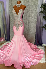 Chic Long Mermaid High-neck Sleeveless Formal Prom Dresses With Beading-showprettydress