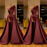 Chic Long Mermaid One Shoulder Satin Front Slit Prom Dresses with Sleeves-showprettydress