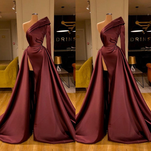 Chic Long Mermaid One Shoulder Satin Front Slit Prom Dresses with Sleeves-showprettydress