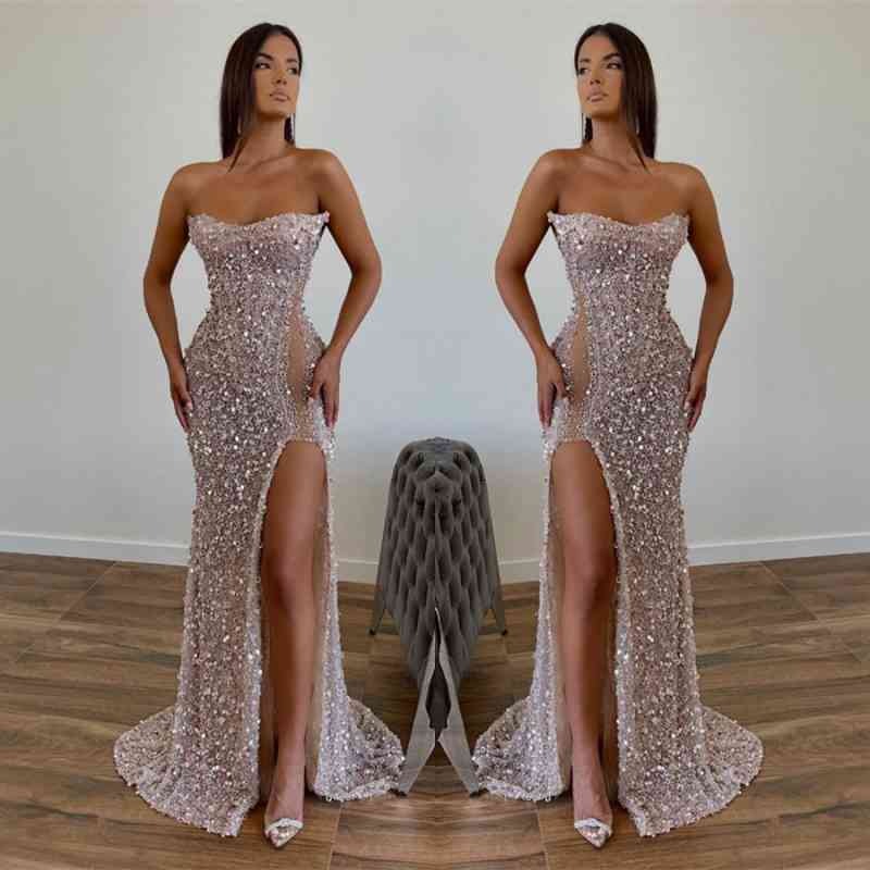 Chic Long Mermaid Sequined Floor Length Strapless Prom Dress with Front Slit-showprettydress