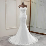 Chic Long Mermaid Strapless Lace Appliques Wedding Dress-showprettydress