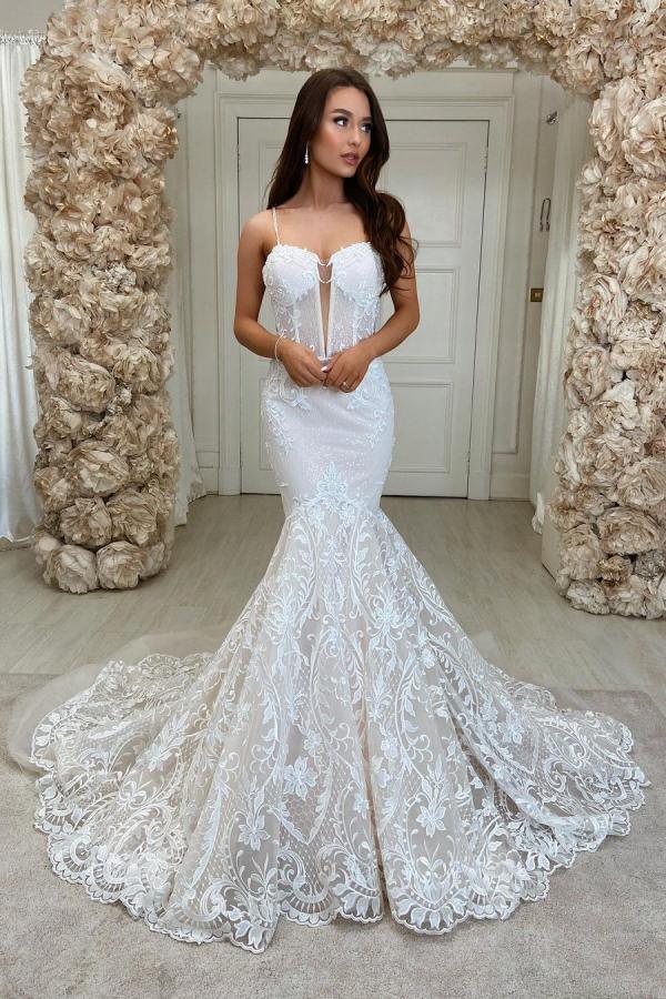 Chic Long Mermaid Sweeteart Spaghetti Straps Lace Backless Wedding Dress-showprettydress