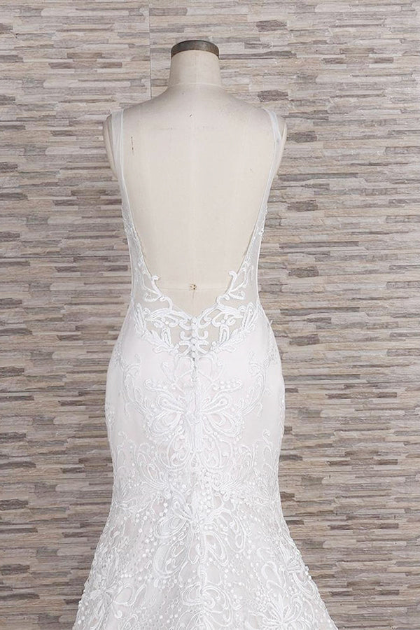 Chic Long Mermaid Sweetheart Spaghetti Strap Appliques Lace Wedding Dress-showprettydress