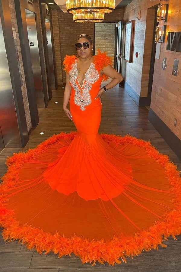 Chic Long Mermaid V-neck Sleeveless Prom Dress With Feather-showprettydress