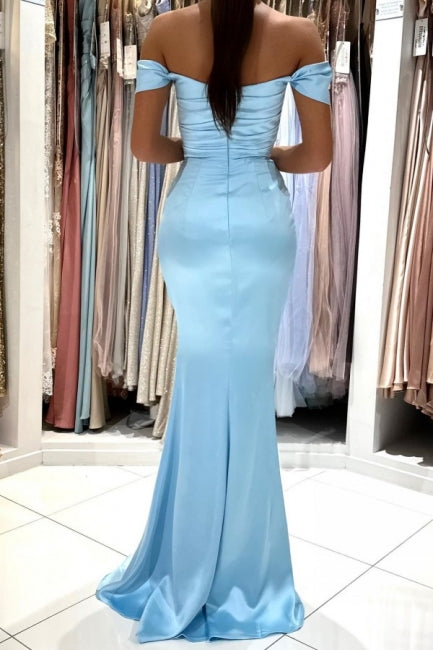 Chic Long Sky Blue Off-the-shoulder Prom Dress Mermaid Formal Evening Gowns with Slit-showprettydress