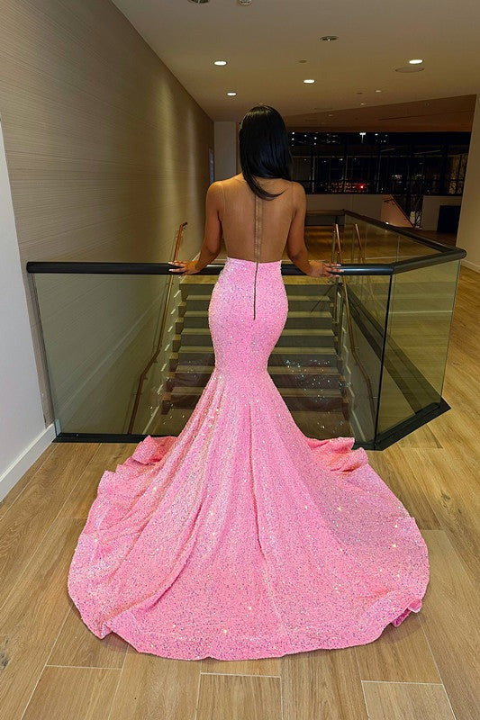 Chic Long Sleeveless Mermaid Sequins Prom Dresses With Ruffles-showprettydress