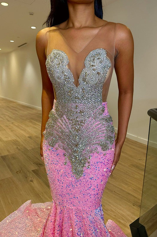 Chic Long Sleeveless Mermaid Sequins Prom Dresses With Ruffles-showprettydress