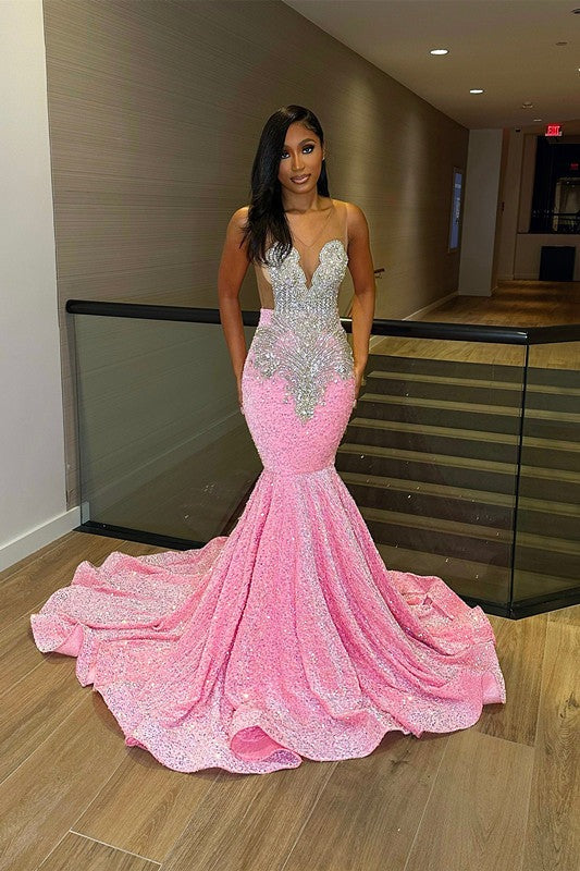 Chic Long Sleeveless Mermaid Sequins Prom Dresses With Ruffles-showprettydress