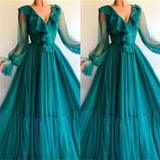 Chic Long Sleevess V-neck Prom Party Gowns| Affordable Beading Green Long Prom Party Gowns-showprettydress