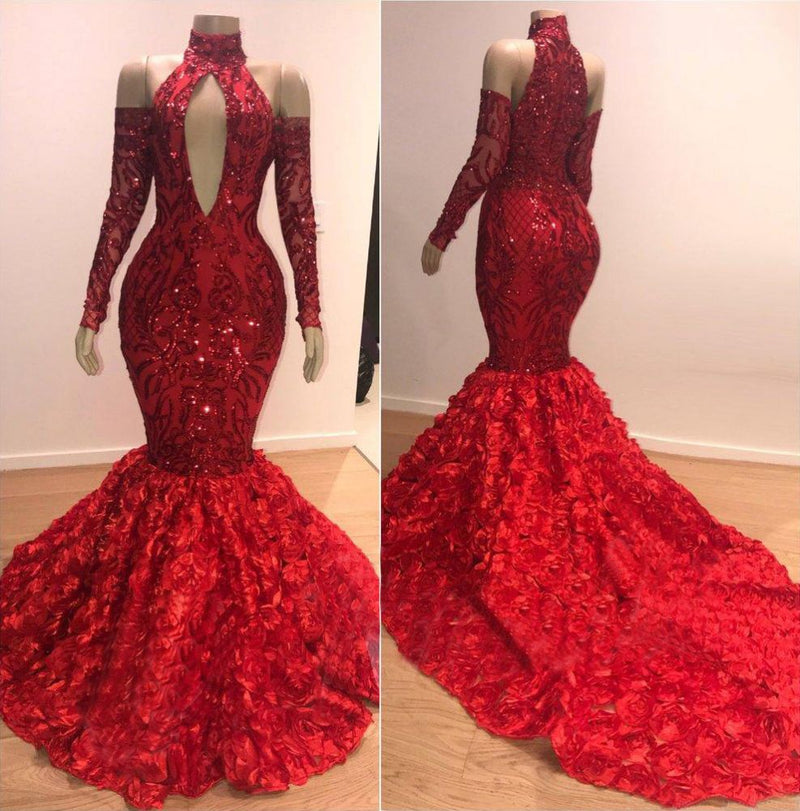 Chic Mermaid Halter Long-Sleeves Long Prom Party Gowns-showprettydress