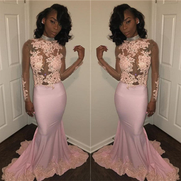Chic Mermaid Pink High Neck Prom Dresses Long Sleevess Appliques Evening Gowns with Beadings-showprettydress