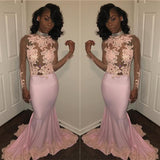 Chic Mermaid Pink High Neck Prom Dresses Long Sleevess Appliques Evening Gowns with Beadings-showprettydress