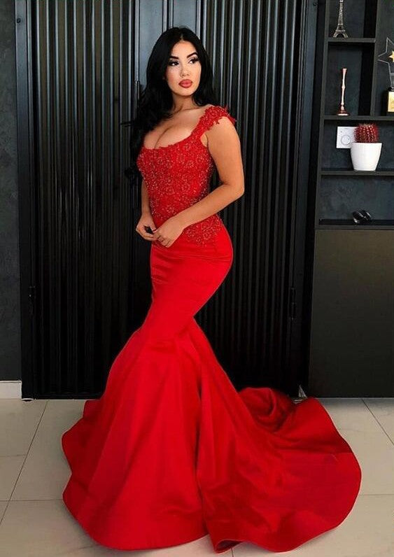 Chic Mermaid Straps Prom Party Gowns| New Arrival Long Lace Appliques Evening Gowns-showprettydress