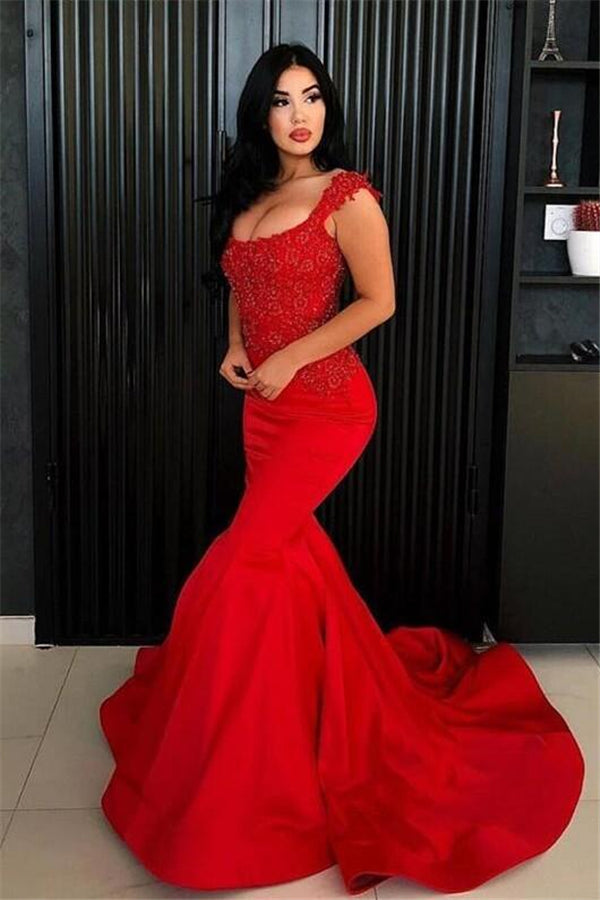 Chic Mermaid Straps Prom Party Gowns| New Arrival Long Lace Appliques Evening Gowns-showprettydress