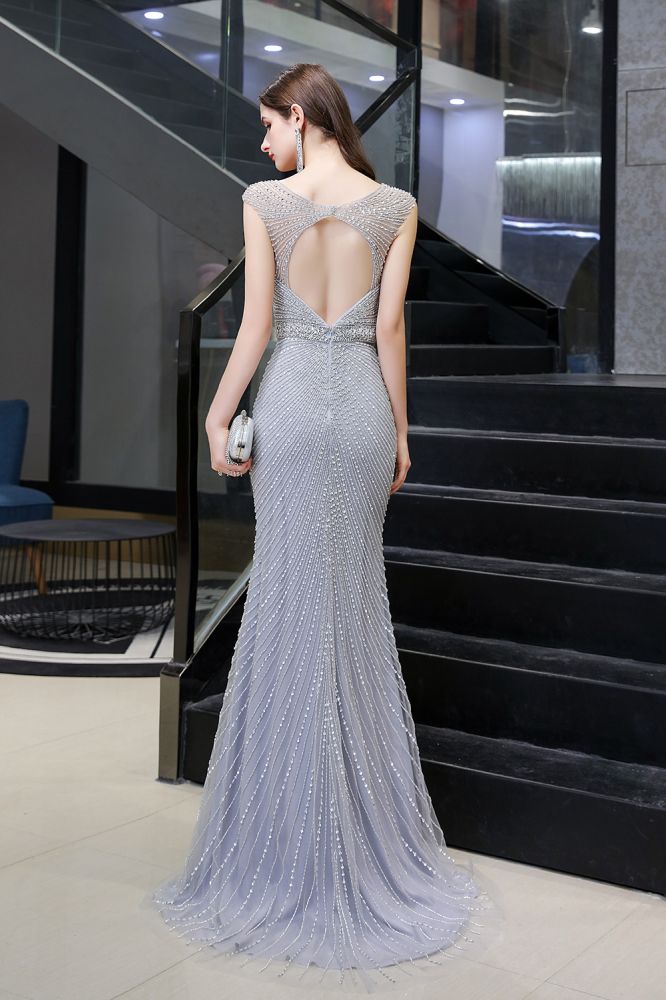 Chic Mermaid V-neck Silver Mermaid Prom Party Gowns-showprettydress