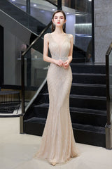 Chic Mermaid V-neck Silver Mermaid Prom Party Gowns-showprettydress