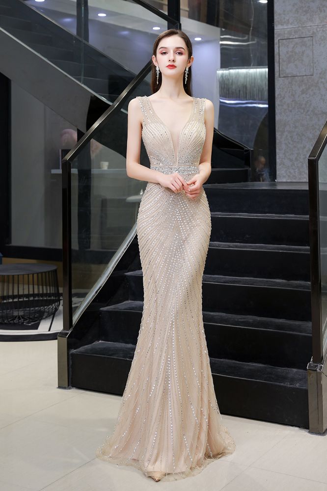 Chic Mermaid V-neck Silver Mermaid Prom Party Gowns-showprettydress