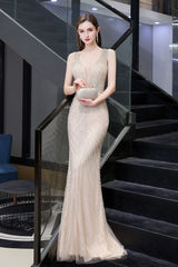 Chic Mermaid V-neck Silver Mermaid Prom Party Gowns-showprettydress