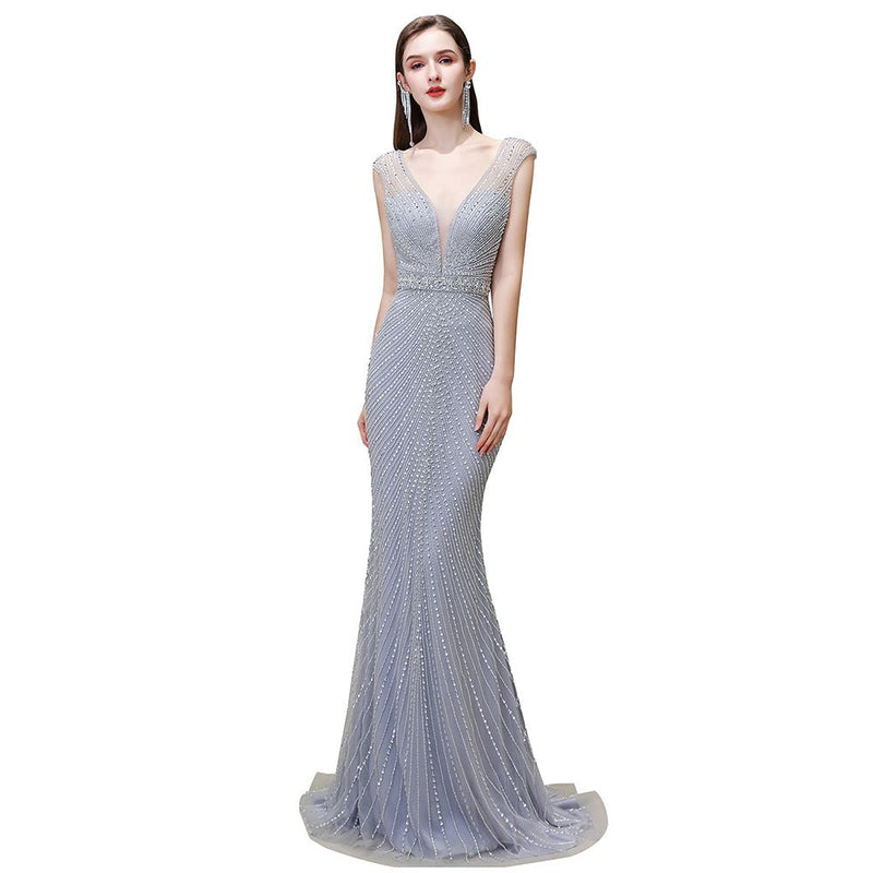 Chic Mermaid V-neck Silver Mermaid Prom Party Gowns-showprettydress