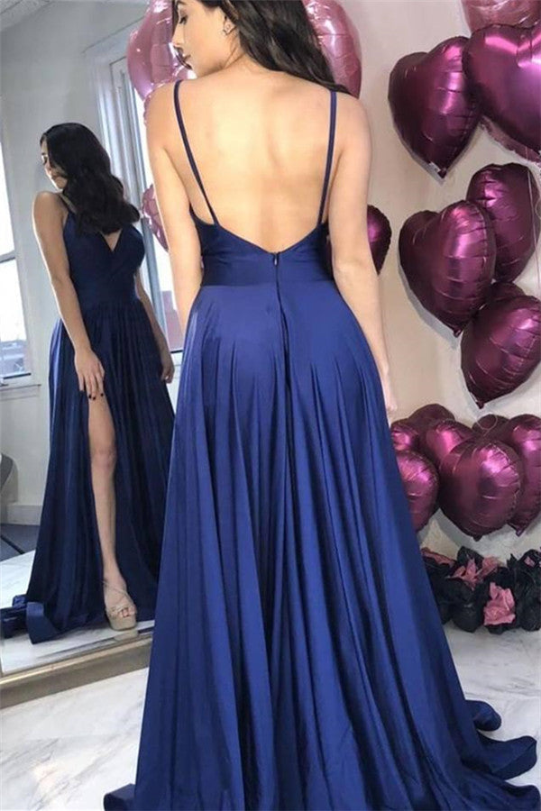 Chic Navy Blue Backless Simple Evening Dresses Spaghetti Straps Prom Dresses On Sale with Chic high Split-showprettydress