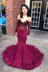 Chic Off-the-Shoulder Appliques Prom Party Gowns| Chic V-neck Long Sleevess Prom Gown-showprettydress