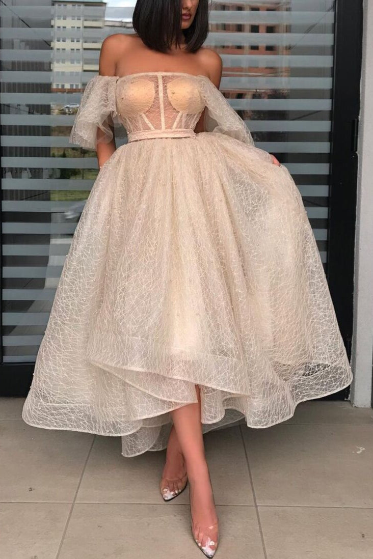 Chic Off-the-Shoulder Sequins Lace Short Prom Dress-showprettydress