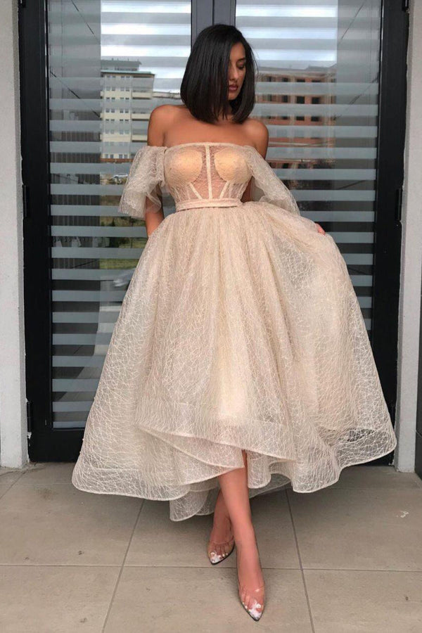 Chic Off-the-Shoulder Sequins Lace Short Prom Dress-showprettydress