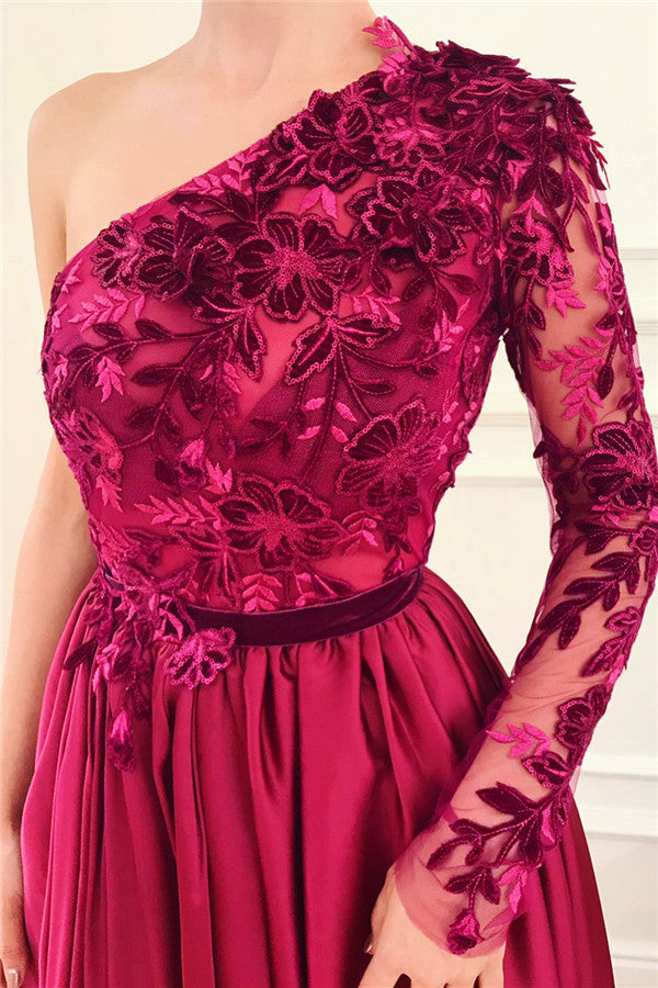 Chic One Shoulder Front Slit Burgundy Prom Party Gowns| Affordable One Sleeve Appliques Long Prom Party Gowns-showprettydress