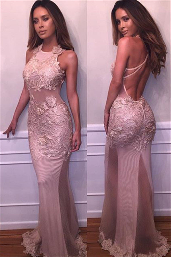 Chic Open Back Evening Dresses On Sale Sleeveless Lace Appliques Prom Dresses-showprettydress