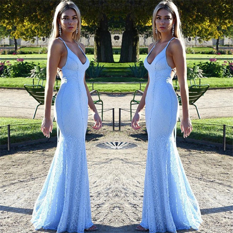 Chic Open Back Lace Evening Dress Mermaid Spaghetti Straps Baby Blue Fomral Evening Dress-showprettydress