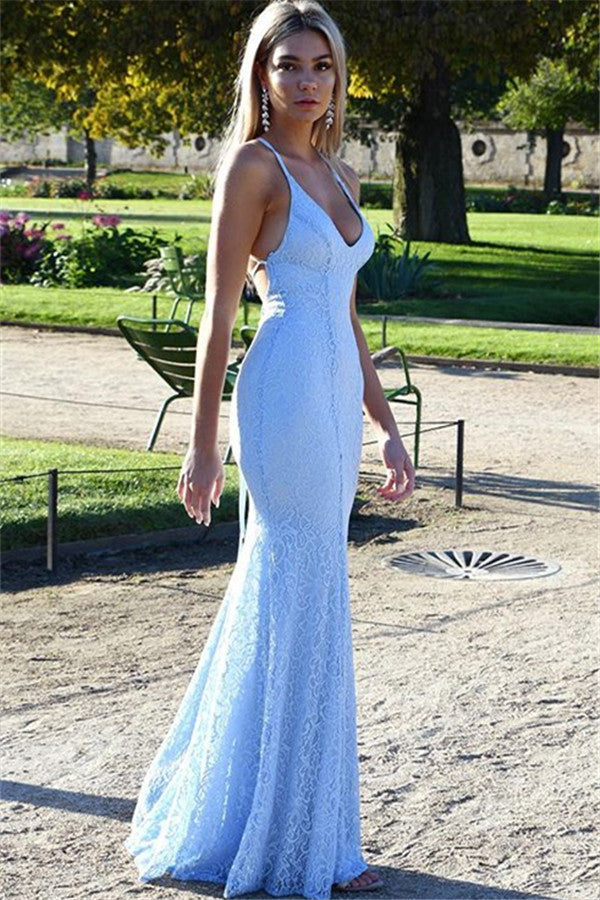 Chic Open Back Lace Evening Dress Mermaid Spaghetti Straps Baby Blue Fomral Evening Dress-showprettydress