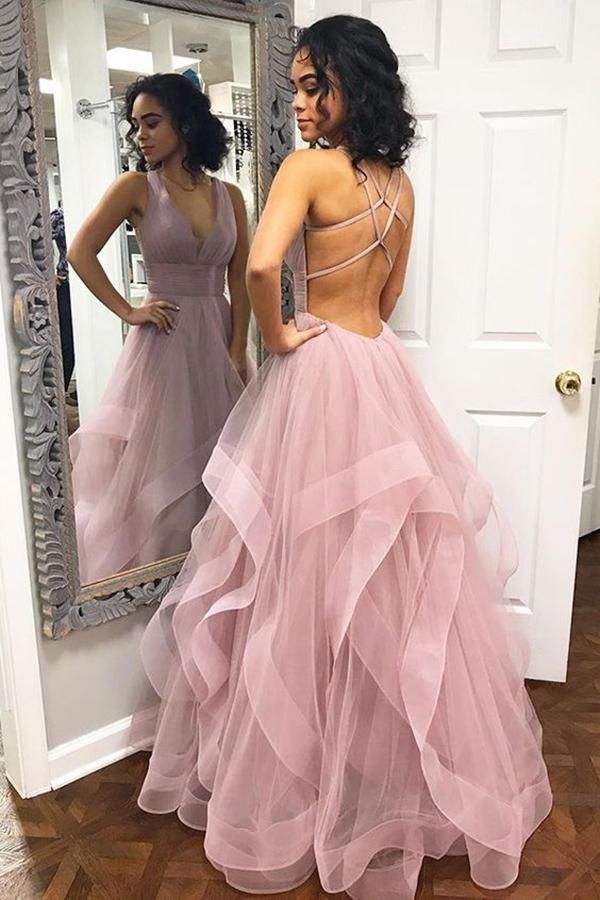 Chic Pink Long A-Line V-neck Ruffle Tulle Backless Prom Dresses-showprettydress