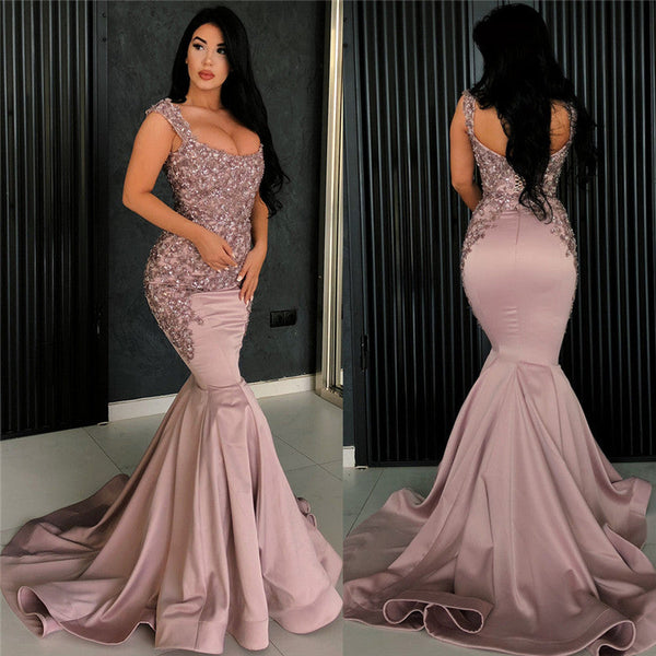 Chic Pink Mermaid Evening Dress Straps Appliques Long Formal Dresses-showprettydress