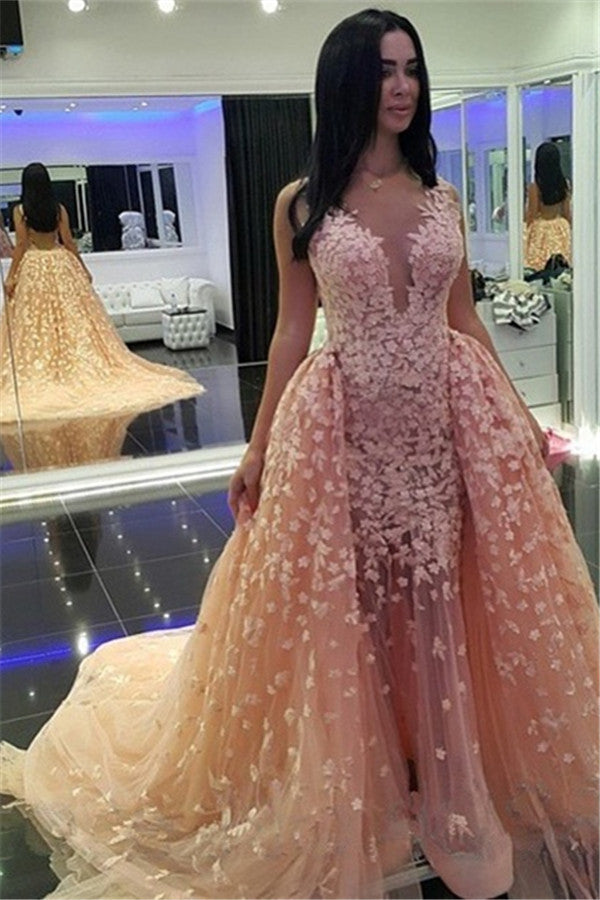 Chic Pink Mermaid Puffy Formal Dresses |Detachable Train Dubai Arabic Evening Dresses-showprettydress