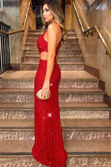 Chic Red One-Shoulder Sleevesless Side-Slit Sequins Prom Party Gowns-showprettydress