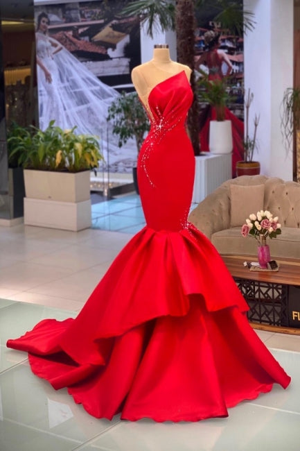 Chic Red Sleeveless Mermaid Prom dresses Long Evening Party Gowns-showprettydress