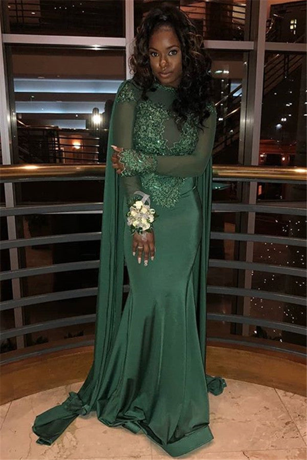 Chic Round Neck Long Sleevess Appliques Mermaid Prom Party Gowns-showprettydress