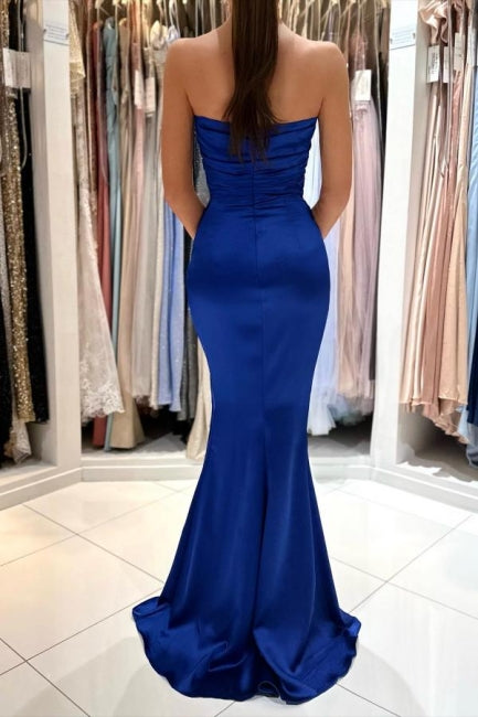 Chic Royal Blue Long Mermaid Strapless Satin Prom Dresses With Slit-showprettydress