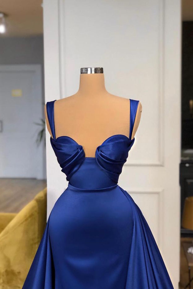 Chic Royal Blue Long Mermaid Straps Sweetheart Prom Dress Overskirt With Detachable Train-showprettydress