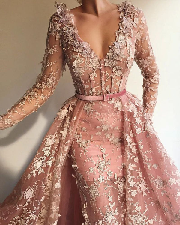 Chic See-Through Tulle Pink Long Sleevess Mermaid Prom Party Gowns-showprettydress