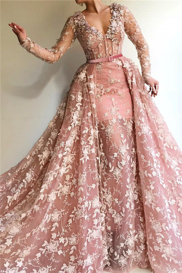 Chic See-Through Tulle Pink Long Sleevess Mermaid Prom Party Gowns-showprettydress