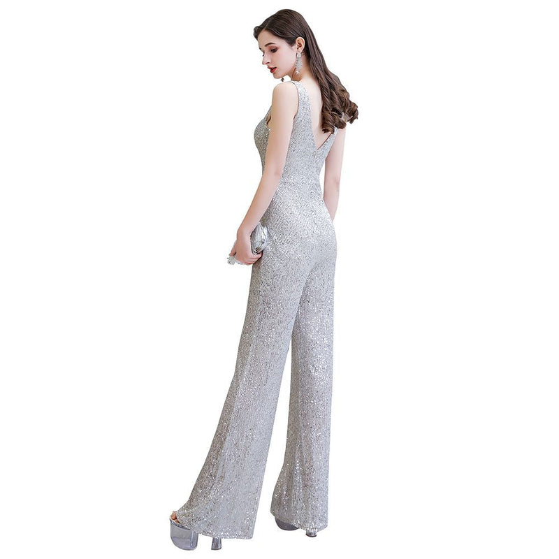 Chic Shining V-neck Silver Sequin Sleeveless Prom Jumpsuit-showprettydress