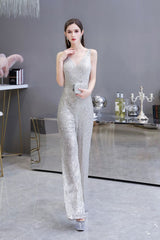 Chic Shining V-neck Silver Sequin Sleeveless Prom Jumpsuit-showprettydress