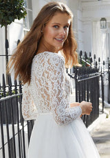 Chic Short A-line Tulle Jewel Lace Wedding Dress with Sleeves-showprettydress