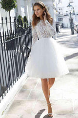Chic Short A-line Tulle Jewel Lace Wedding Dress with Sleeves-showprettydress
