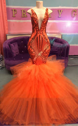Chic Sleeveless Deep V-neck Tulle Puffy Train Orange Prom Party Gowns-showprettydress