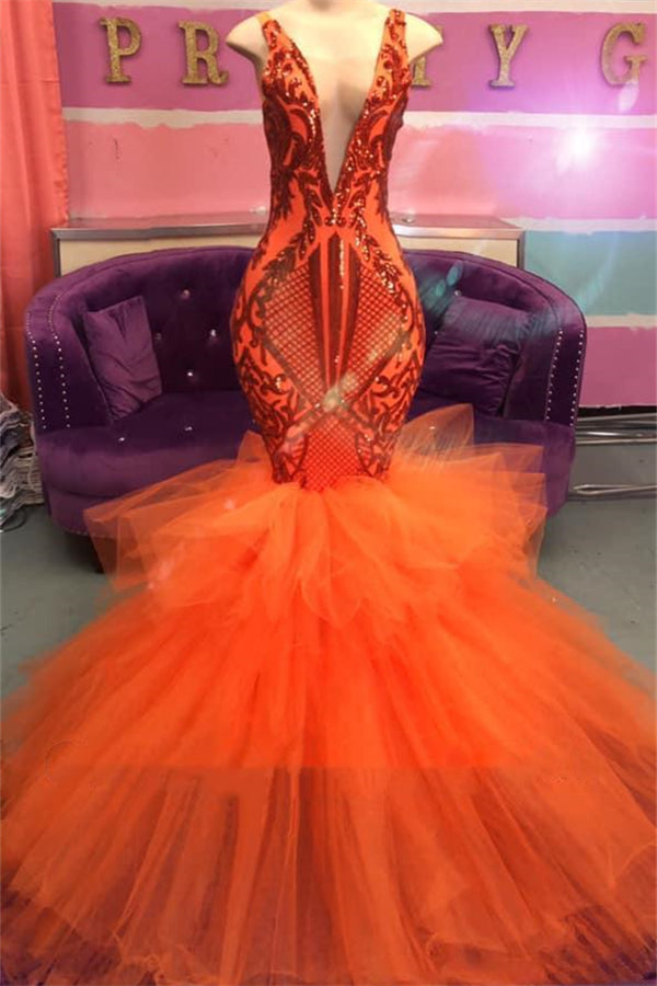 Chic Sleeveless Deep V-neck Tulle Puffy Train Orange Prom Party Gowns-showprettydress