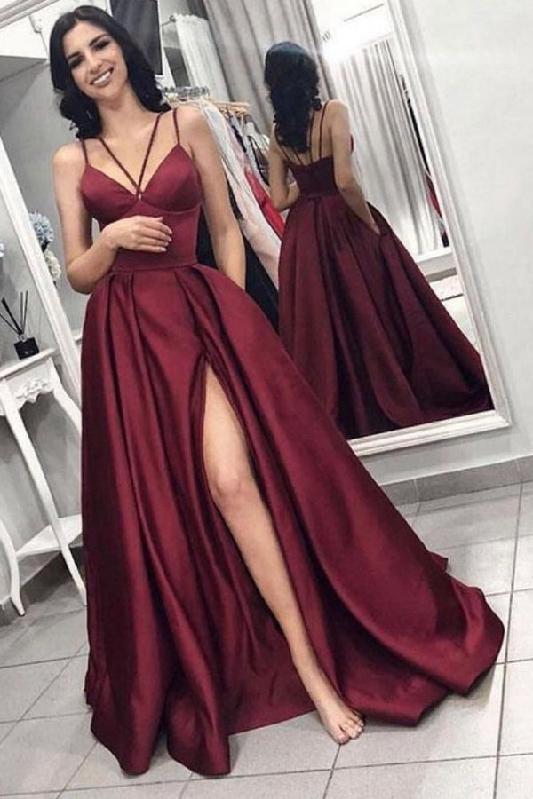 Chic Sleeveless Front Split Prom Gown Burgundy Spaghetti-Straps A-Line Evening Dress-showprettydress
