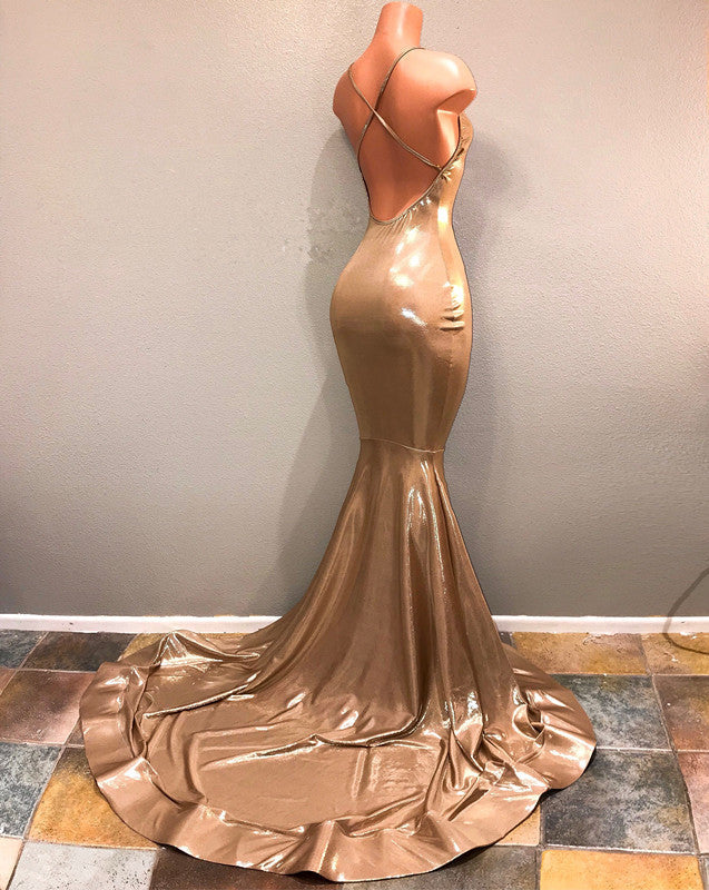 Chic Spaghetti Strap Gold Prom Dress, Sleeveless Prom Party Gowns-showprettydress